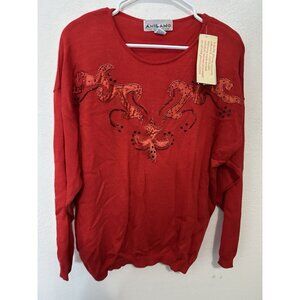Vintage A’Milano Red Knit Shoulder Pads Beaded Pullover Sweater Size Large